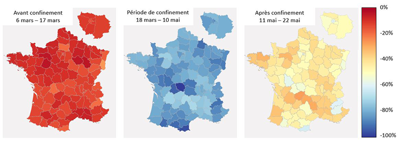 cartes de la france représentant la mobilité pendant et après le confinement
